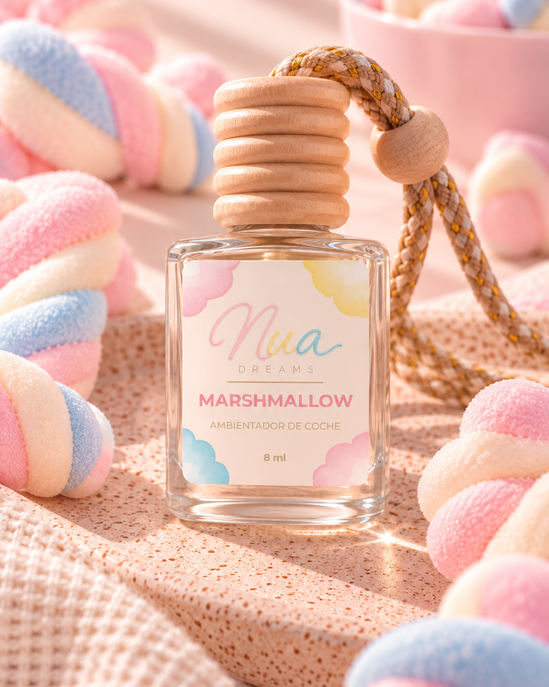 Ambientador de coche aroma Marshmallow: frasco con tapón de madera y cordón, entre nubes de azúcar