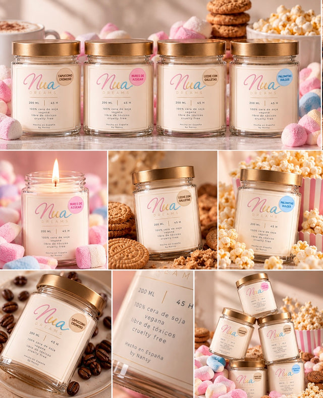 Las velas de la Colección Recuerdos de Nua Dreams con sus aromas: nubes de azúcar, capuchino, palomitas y galletas
