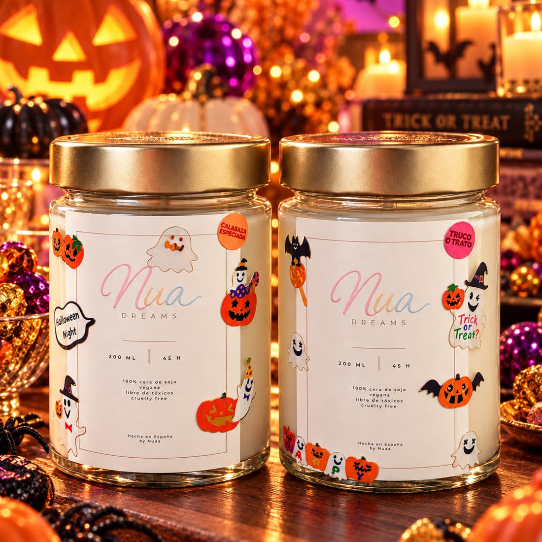 Pack de Halloween de Nua Dreams: velas de soja Calabaza especiada y Truco o trato, con tapa dorada y etiqueta de calabazas y fantasmas, entre calabazas y luces