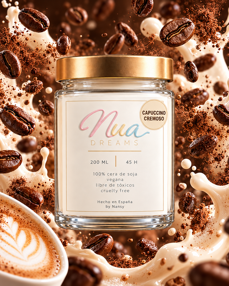 Vela Capuchino cremoso en vaso de cristal con tapa dorada, entre granos de café, cacao y salpicaduras de leche