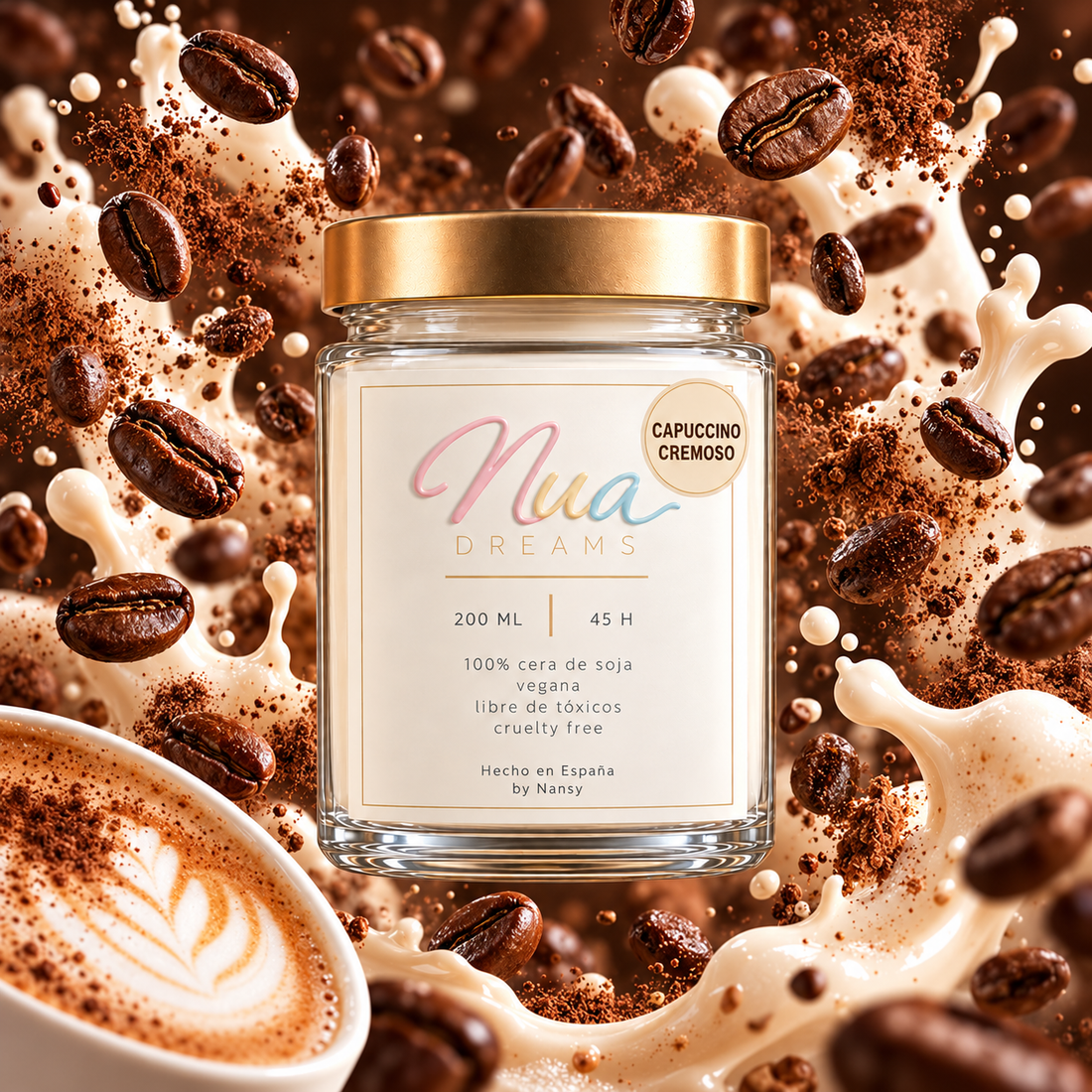Vela Capuchino cremoso en vaso de cristal con tapa dorada, entre granos de café, cacao y salpicaduras de leche