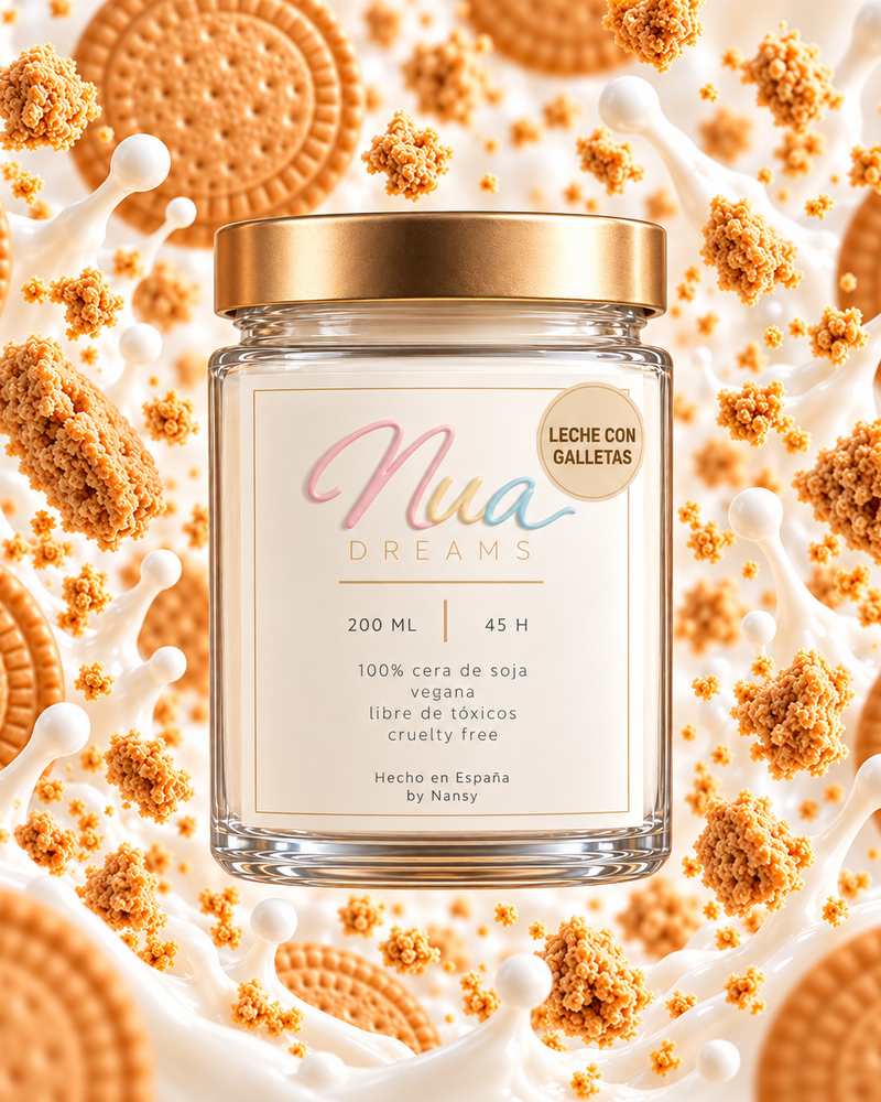 Vela Leche con galletas en vaso de cristal con tapa dorada, entre galletas, migas y salpicaduras de leche