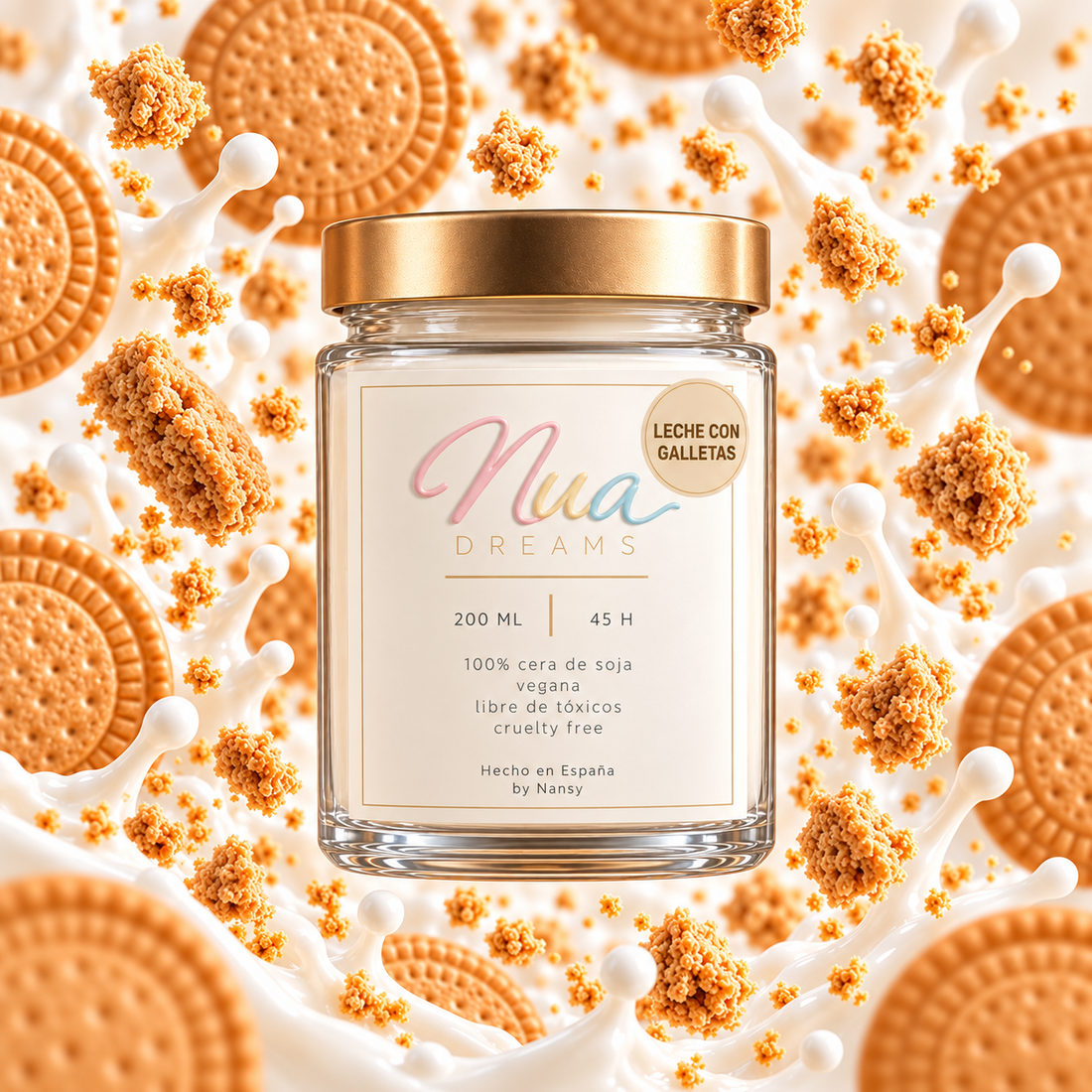Vela Leche con galletas en vaso de cristal con tapa dorada, entre galletas, migas y salpicaduras de leche