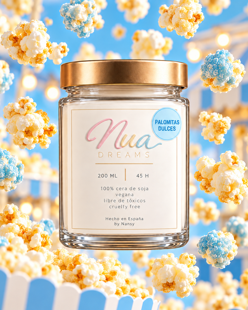 Vela Palomitas dulces en vaso de cristal con tapa dorada, entre palomitas azules y blancas y luces de feria