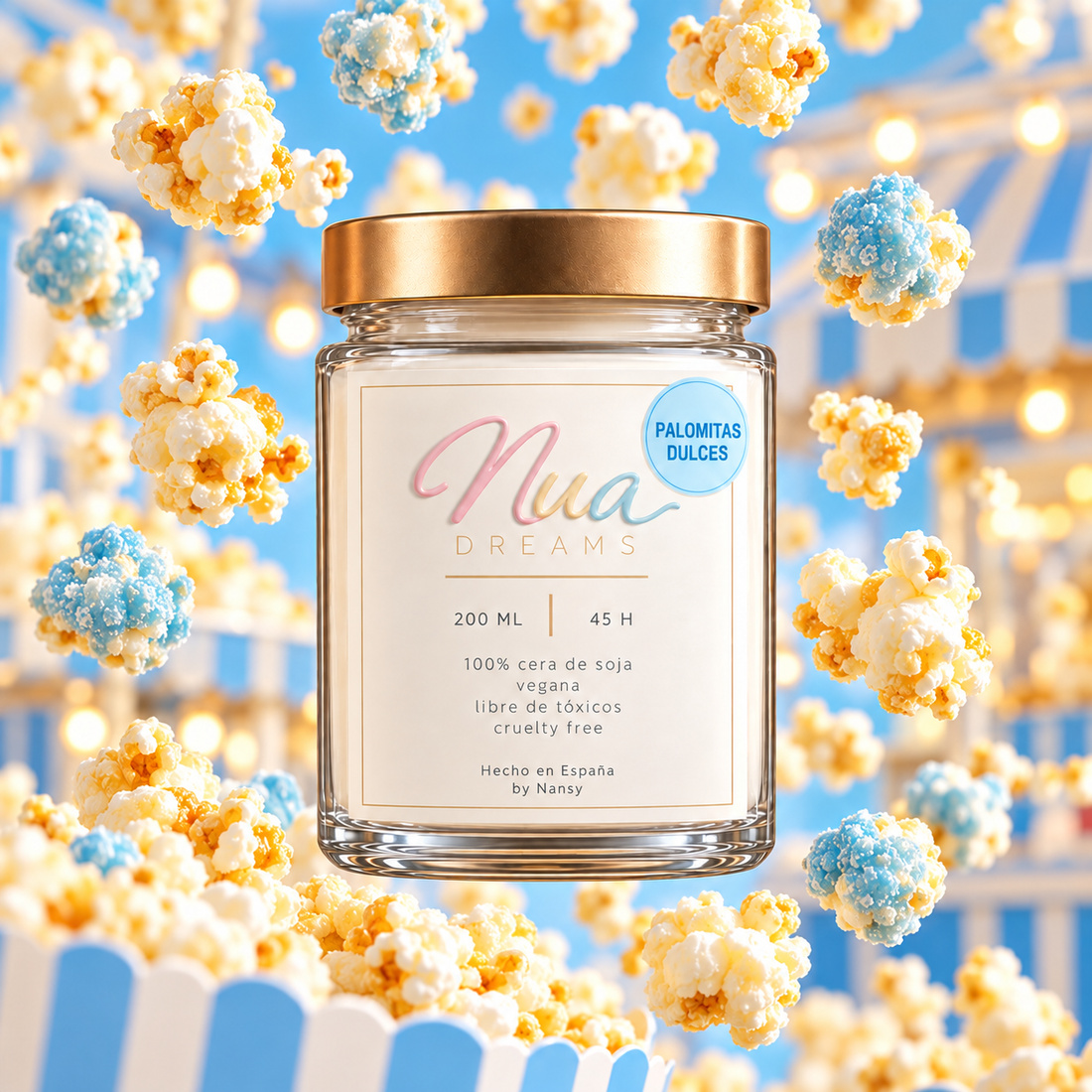Vela Palomitas dulces en vaso de cristal con tapa dorada, entre palomitas azules y blancas y luces de feria