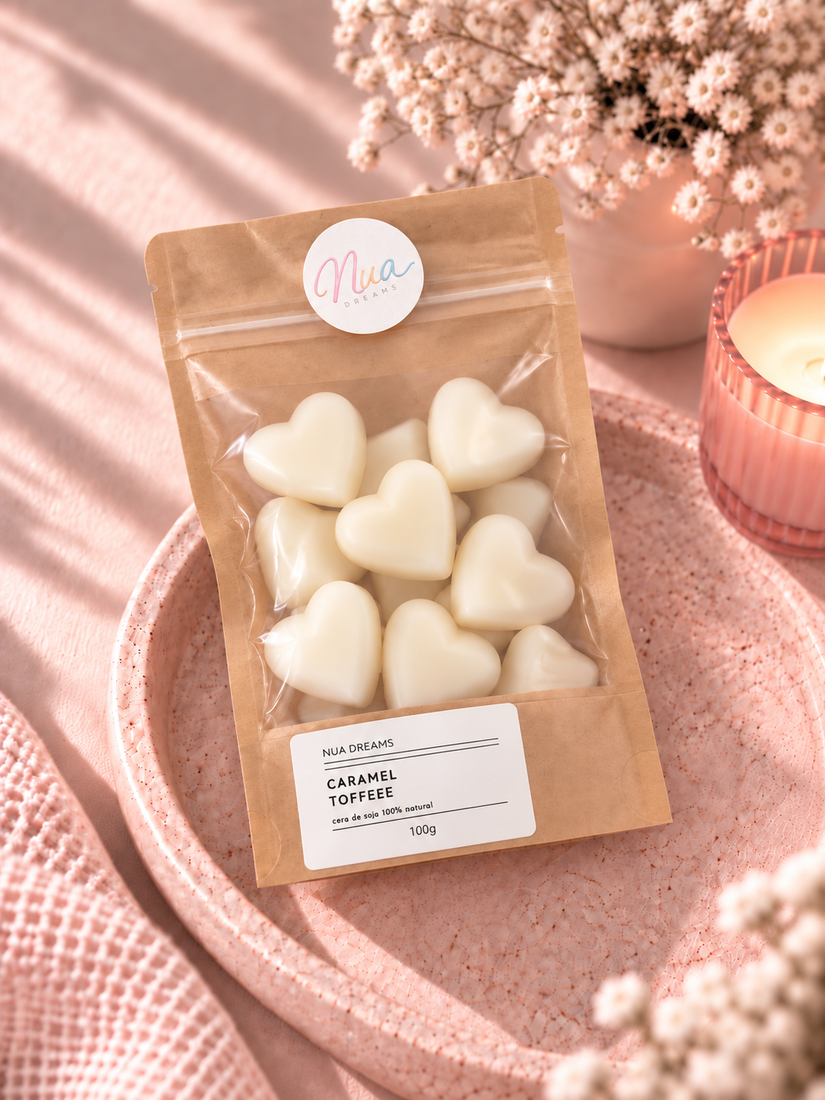 Wax melts de corazón aroma Caramel toffee en bolsa kraft de 100 g