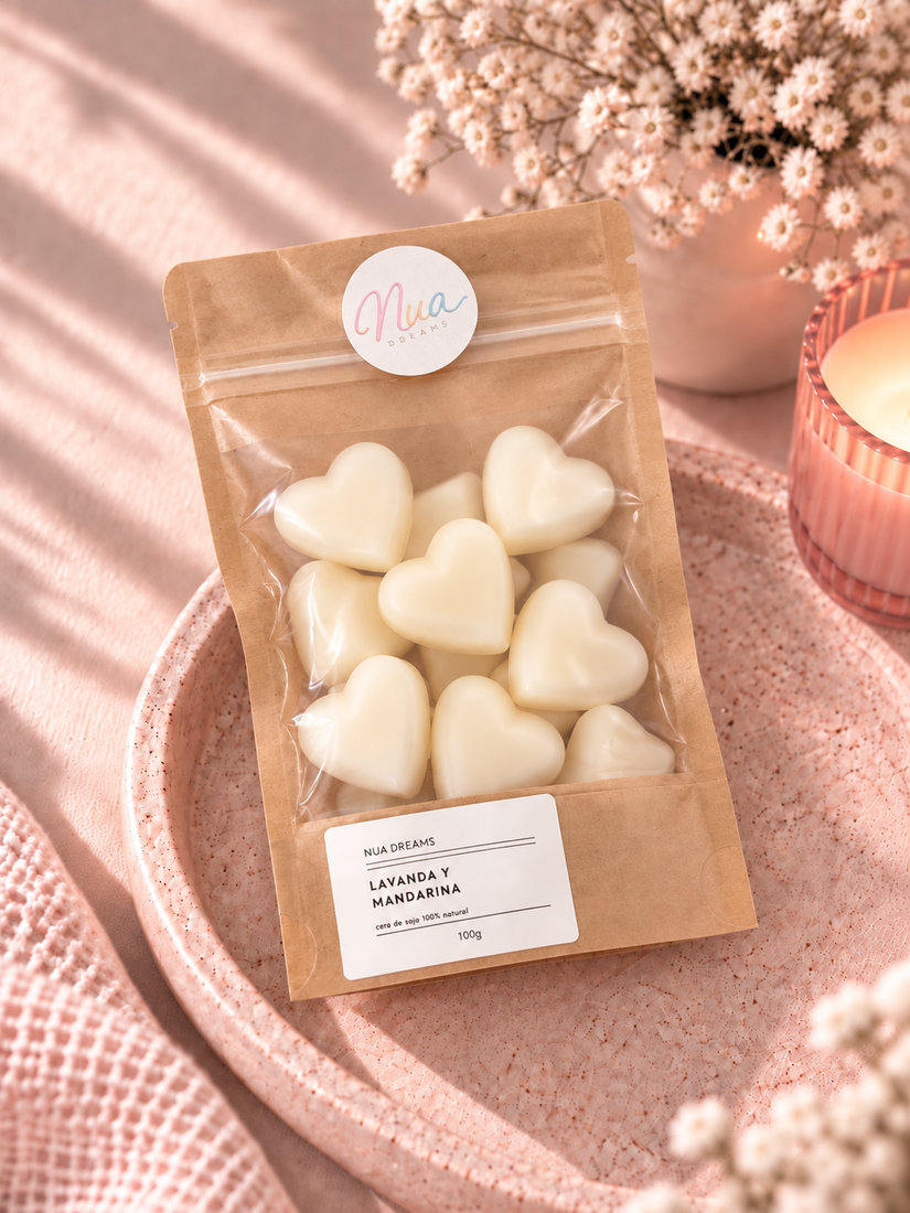 Wax melts de corazón aroma Lavanda y mandarina en bolsa kraft de 100 g