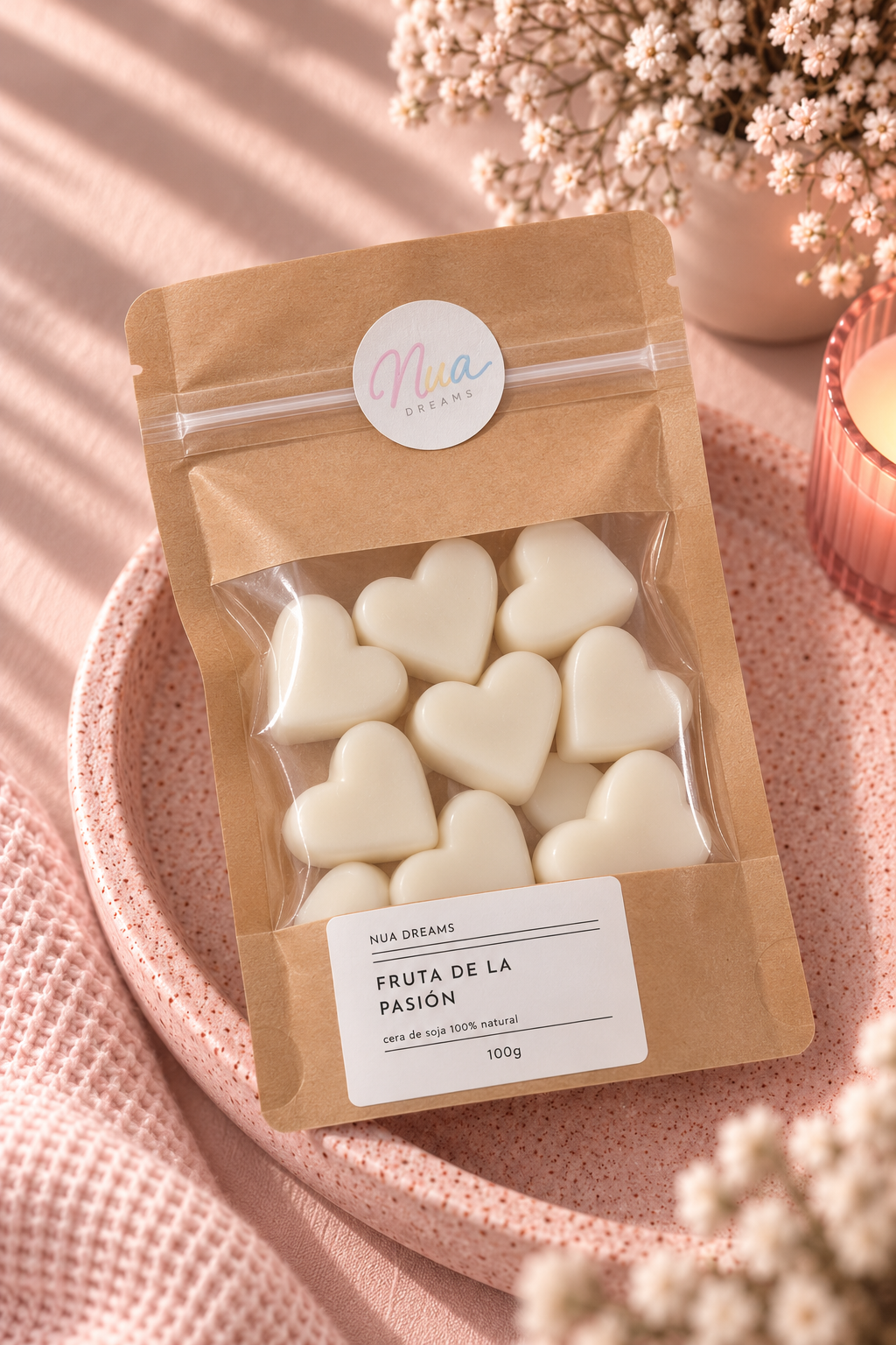 Wax melts de corazón aroma Fruta de la pasión en bolsa kraft de 100 g