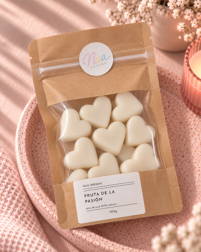 Wax melts de corazón aroma Fruta de la pasión en bolsa kraft de 100 g