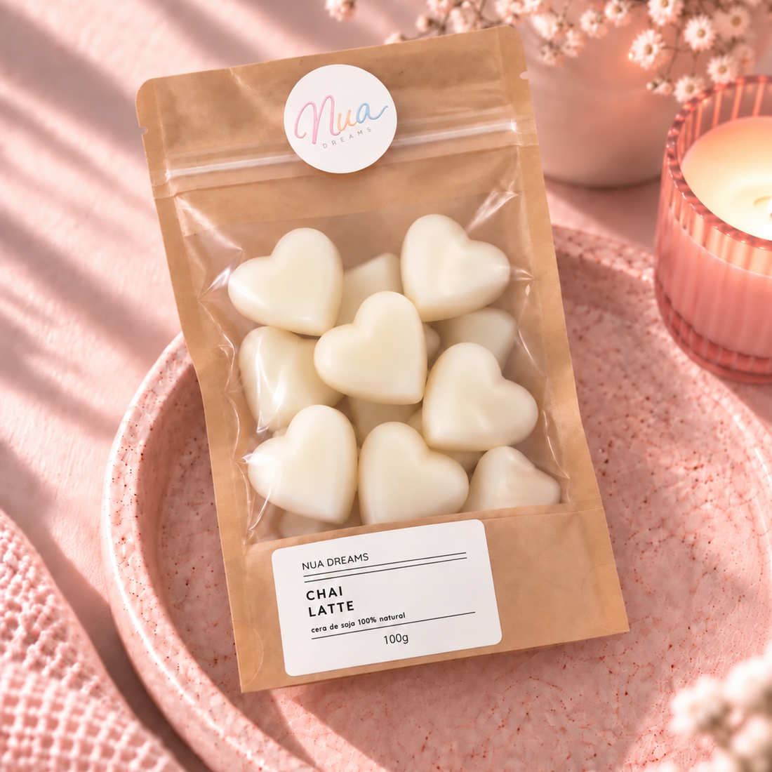 Wax melts de corazón aroma Chai latte en bolsa kraft de 100 g