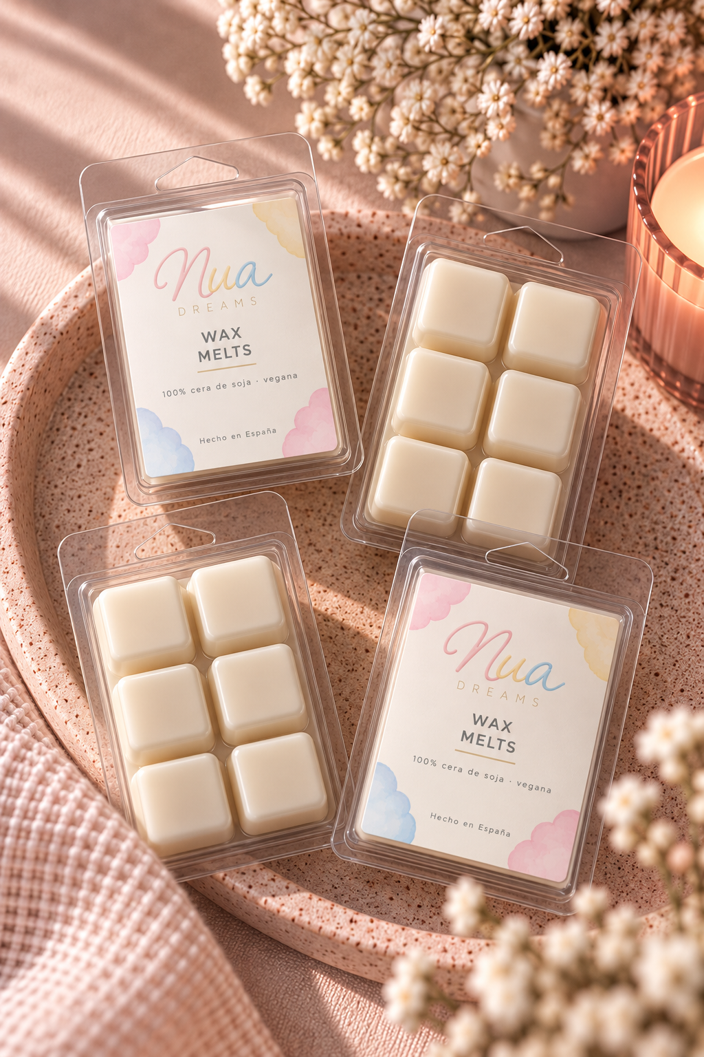 Wax melts en tableta: cuatro tabletas de cera en su blíster sobre una bandeja rosa