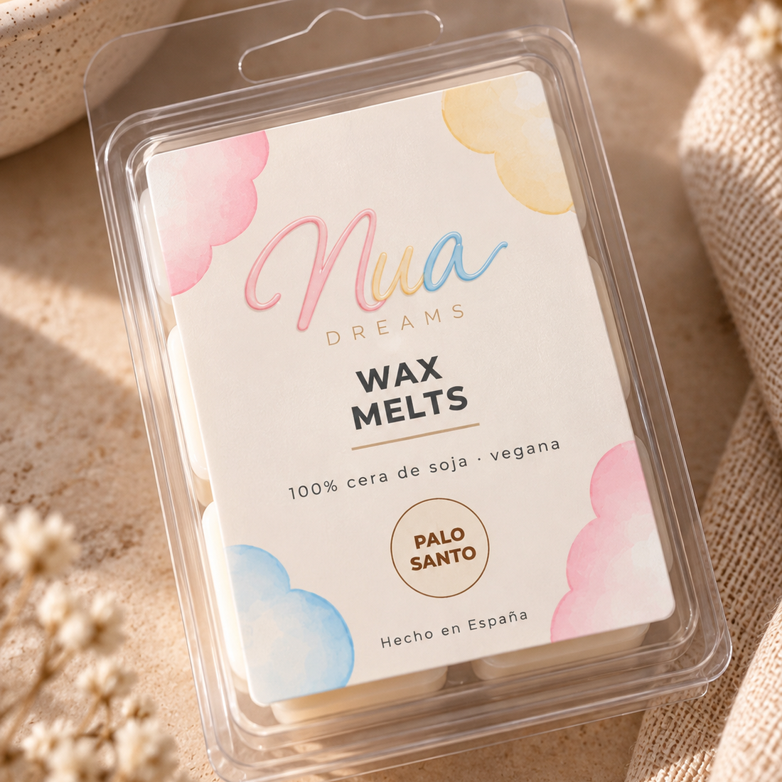 Wax melts en tableta aroma Palo santo, en su blíster con la etiqueta del aroma