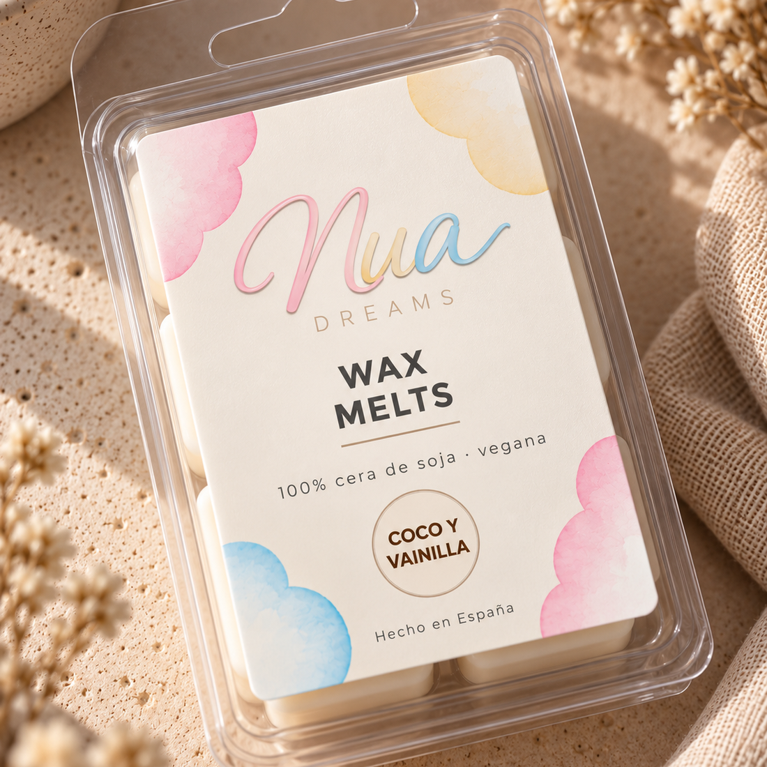 Wax melts en tableta aroma Coco y vainilla, en su blíster con la etiqueta del aroma