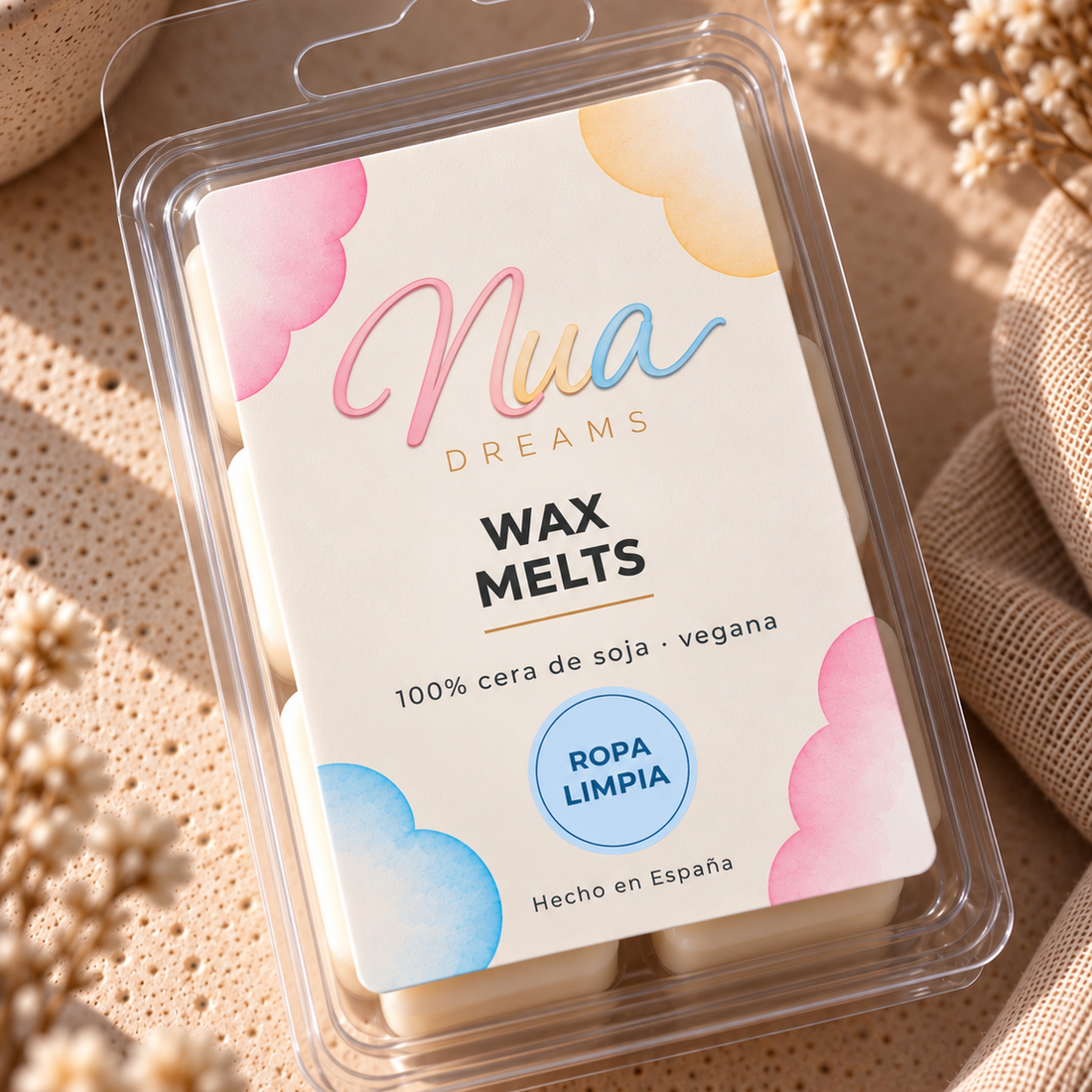 Wax melts en tableta aroma Ropa limpia, en su blíster con la etiqueta del aroma