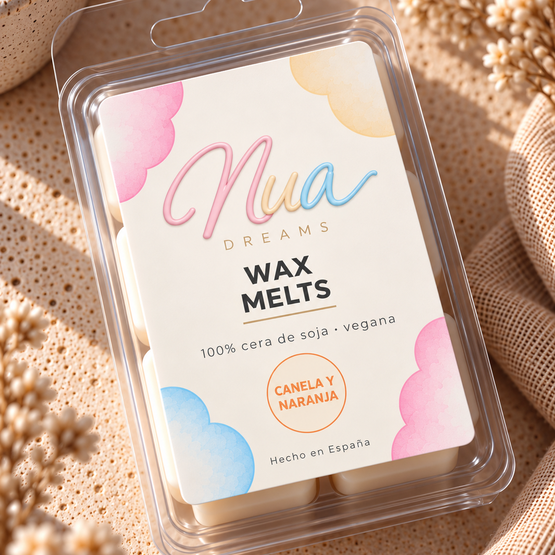 Wax melts en tableta aroma Canela y naranja, en su blíster con la etiqueta del aroma